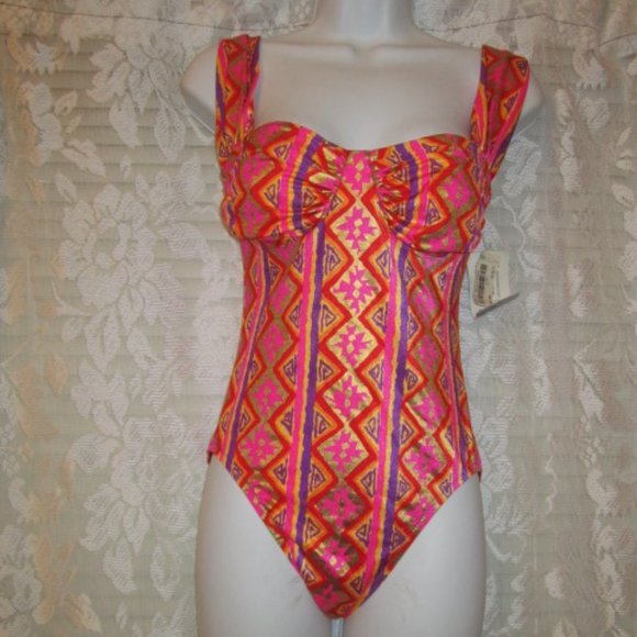 Vintage 80s NOS Jantzen Disco Bathing swimsuit Metallic Groovy w/tags -8 - Picture 2 of 9